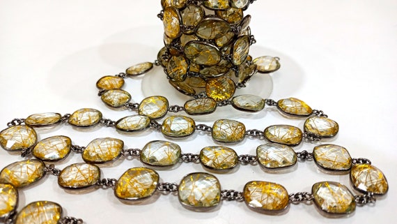 Yellow Rutilated Quartz Briolette Free Shape 12 to 15mm Bezel Connector Chain Sold Per Foot Best Quality Chain