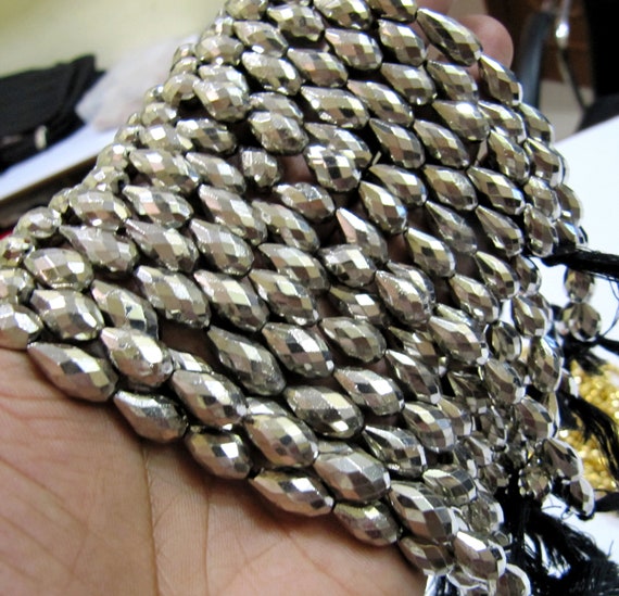 Natural Pyrite Drops size 7x12mm to 8x14mm, Steel Silver Coated Pyrite Straight Drilled Faceted Drops, Strand of 8 inch Jewelry making bead