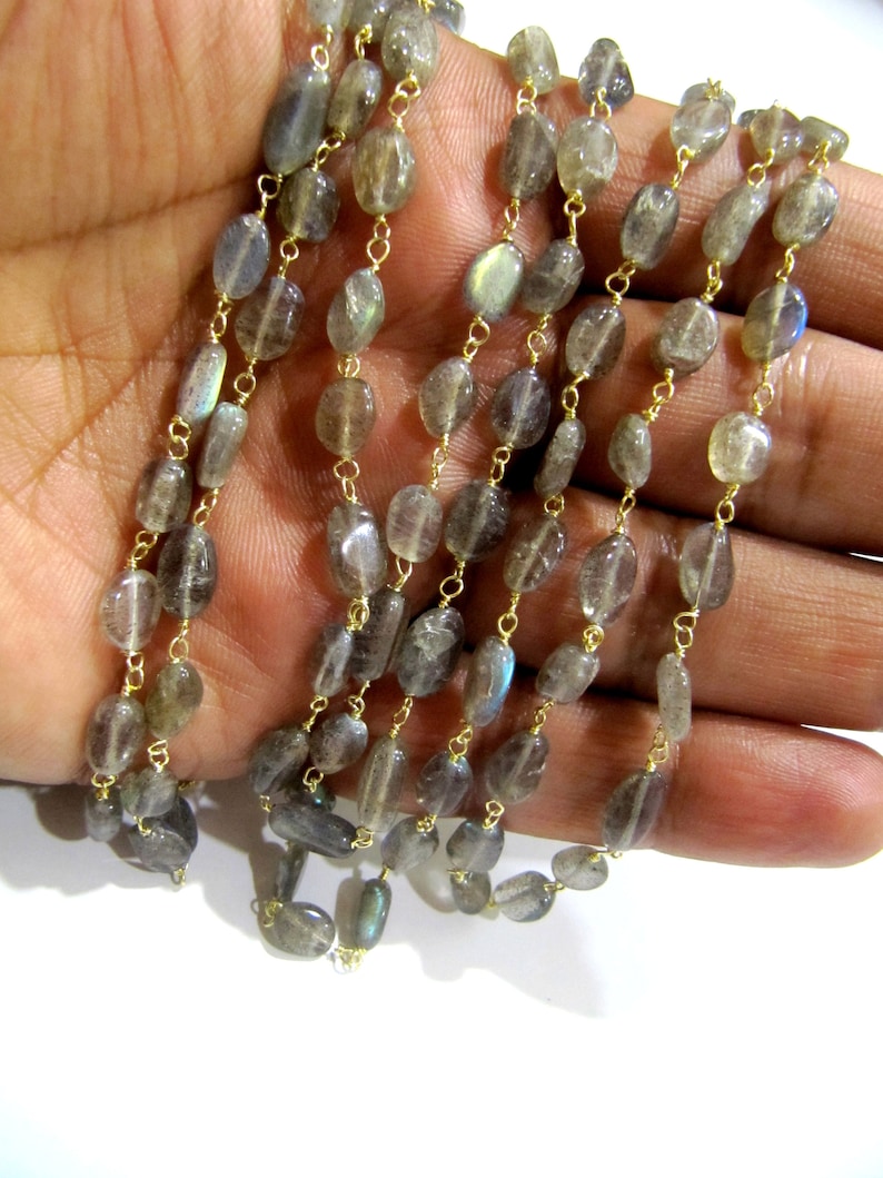 ON SALE 1 Foot Natural Labradorite Oval Shape Plain Smooth 6x8mm Approx Size Beaded Wire Wrapped Rosary Chain Wholesale Prices