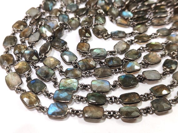 Natural Labradorite Blue Flashy Cushion Shape 8x10mm Bezel Connector Chain Sold Per Foot