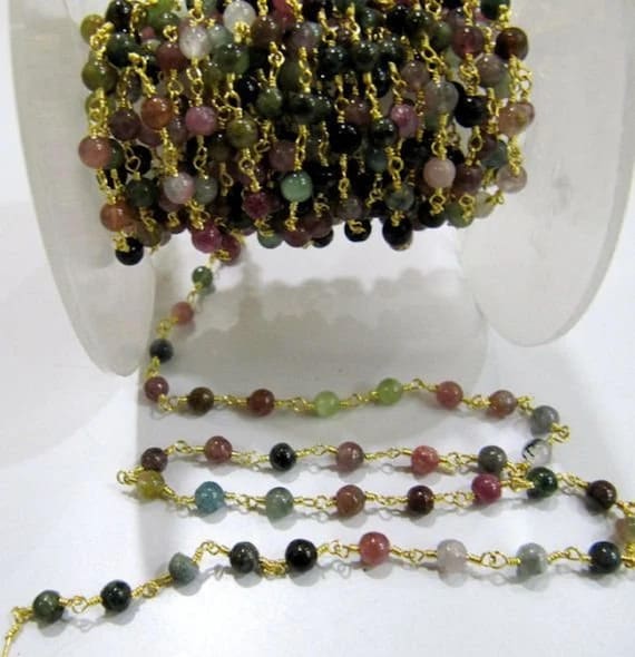 Natural Multi tourmaline Round Plain Smooth 4mm Beaded Rosary Wire Wrapped Chain Wholesale Prices Jewelry gemstone chain Sold per Foot