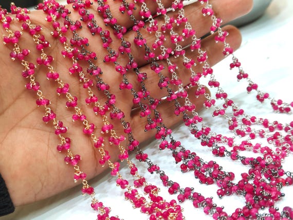 Ruby 3mm Rondelle Faceted Dangling Beaded Wire Wrapped Cluster Chains sold per foot