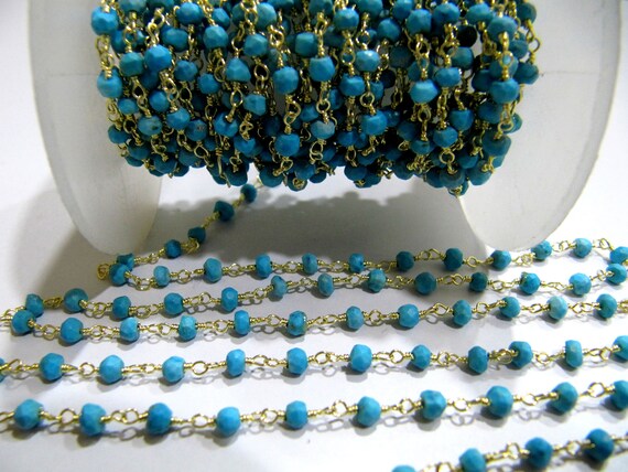 1 Foot -: Turquoise Magnesite Rondelle Faceted 3-4mm Beaded Wire Wrapped Rosary Chain Wholesale Prices Jewelry making chain