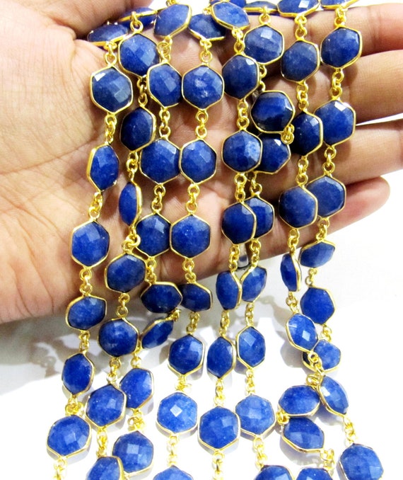 Dyed Blue Sapphire Hexagon Briolette Faceted  Bezel Connector Chain 10mm Plated Sold Per Foot High Quality Wholesale price gemstone chain