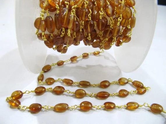 Natural Hessonite Garnet Oval Plain Smooth 6 to 9mm Beaded Rosary Chain High Quality Wholesale Price Sold per foot