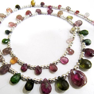 Natural Multi Tourmaline Briolette Faceted Pear Shape 4X6mm to 9X12mm Size Beaded Necklace 16 Inches Long With Magnetic Clasp