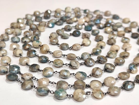 Natural Grey Silverite Round Faceted Coin Shape 8mm  Jewelry Making Gemstone Rosary Chain Sold Per Feet