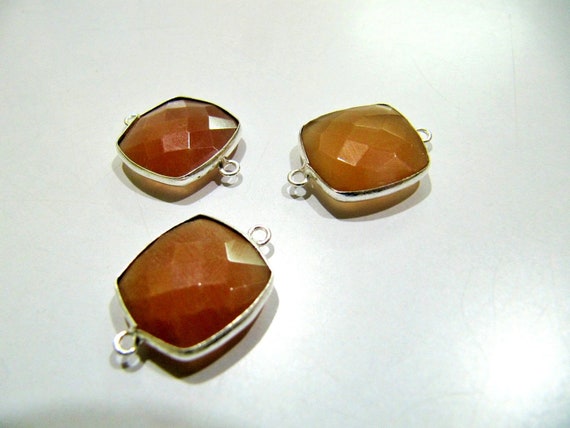 Natural Peach Moonstone Cushion Shape Faceted Briolette Double Loop Bezel Connectors 15 mm Size Gemstone Connector Charms sold per piece