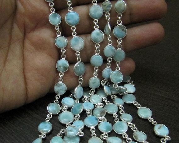 Natural Larimar  Round coin Shape Plain Smooth  Bezel Connector Chain 12-15 mm Sold Per Foot High Quality  Handmade chain