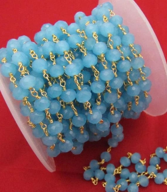 3 Foot-Natural Aqua Blue Chalcedony Rondelle Faceted wire wrapped Aati 6mm Hydro quartz beaded Rosary chain High Quality Wholesale Price