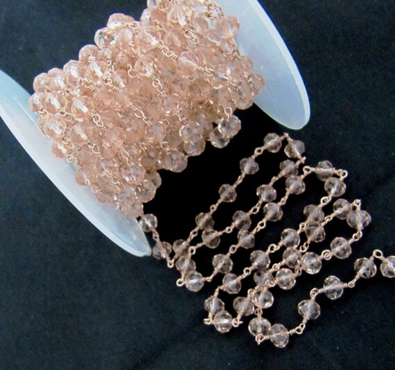Pink Quartz  Rondelle Faceted wire wrapped Aati 6mm Hydro quartz beaded Rosary chain Wholesale Price Choose the Plating sold per foot