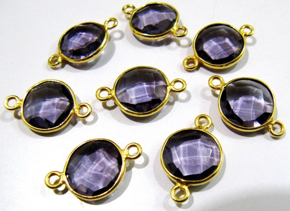 2 Pcs Set Amethyst Round Coin Shape 14mm Briolette Connectors Hydro Quartz Amethyst Double Loop Bezel Charms Top Quality Wholesale