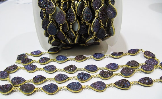 Natural Druzy Pear Shape Size 10x15 mm Titanium AB Coated Bezel Connector Gold Plated Chain Sold Per Foot High Quality Wholesale Prices
