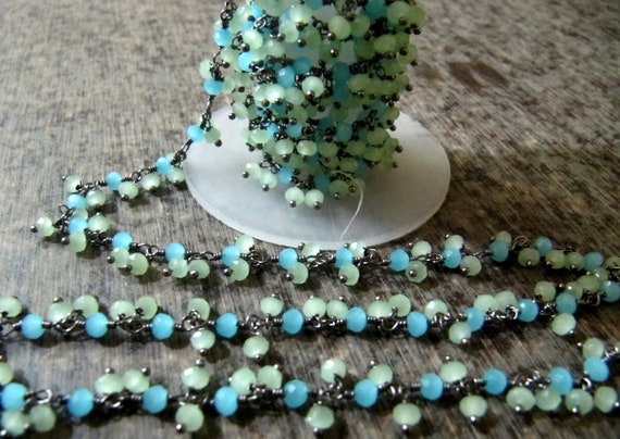 1 Foot-: Green And Aqua Chalcedony Rondelle Faceted 3mm Size Beaded dangling cluster thick Rosary Chain Wholesale Prices
