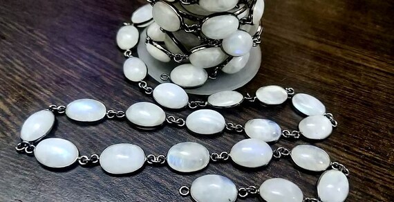 Natural White Rainbow Moonstone Oval Cabochan Shape Plain smooth Bezel Connector Chain 11x13mm  Gold/Black/Silver/Rose Plated Sold Per Foot