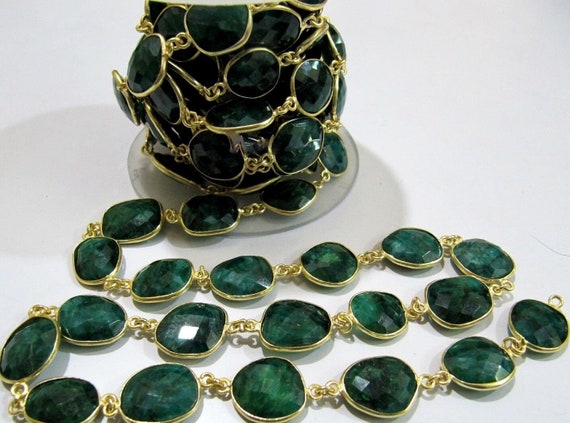 Emerald Briolette Connector Chain 12 to 15mm Gemstone Bezel Uneven Shape Handmade Link Chain sold Per foot