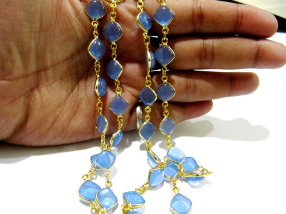 Natural Blue Chalcedony Square Shape Plain Smooth Bezel Connector Chain 11mm Gold Plated Sold Per Foot High Quality  Wholesale prices