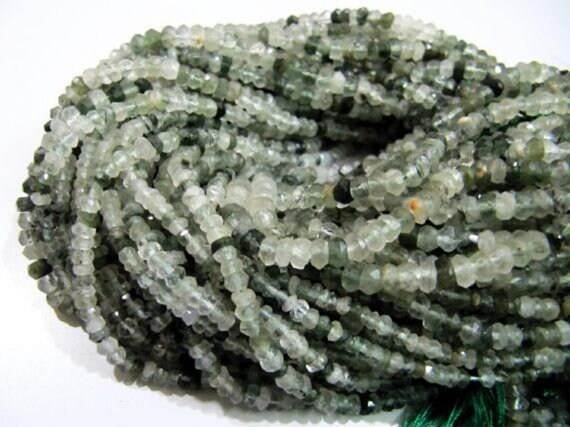 Natural Green Rutilated Quartz Beads 3.5 to 4.5mm Rondelle faceted Strands 13 inches Long , Genuine Semi Precious Stone Beads Strings