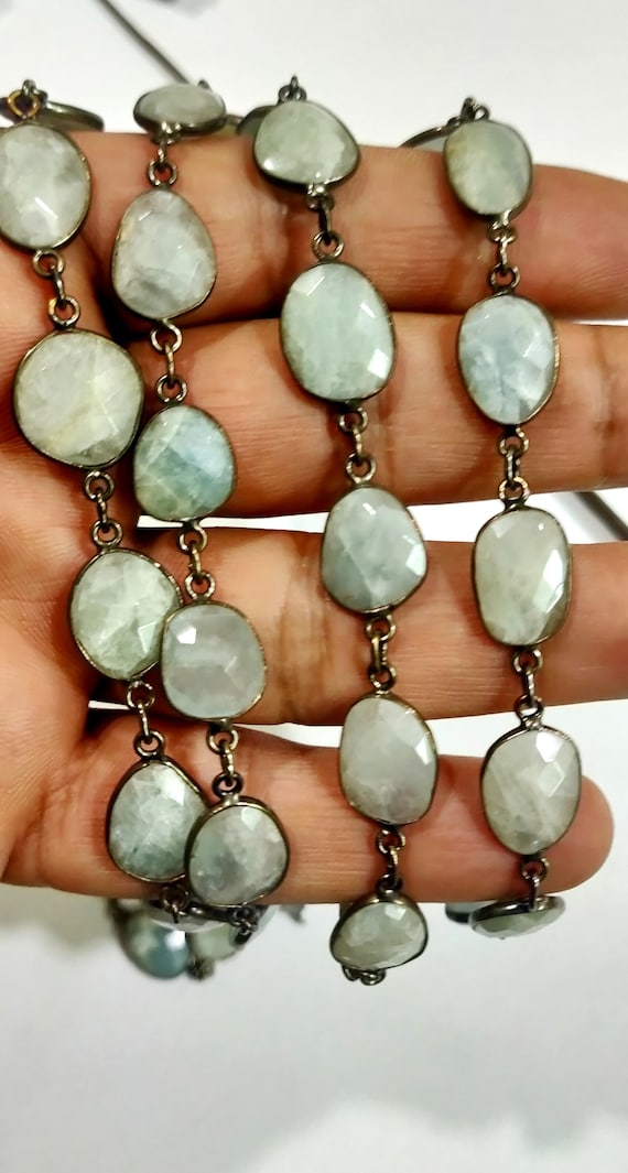 1 Foot- Natural Aquamarine Mystic Coated Briolette Connector Chain Free Shape Briolette Bezel Connector Chain 12 to 15 mm Gemstone chain