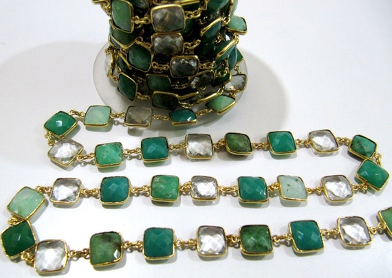 Natural Chrysoprase Green Onyx and Rock Crystal 10mm Cushion shape Briolette Faceted Connector Chain Wholesale price sold per foot