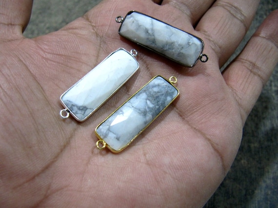 Natural Howlite Baguette Rectangle Shape 30X12mm Briolette Faceted Double Loop Bezel Connectors Choose the Plating Color Wholesale prices