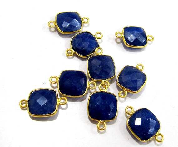 5 Pcs Set Dyed Blue Sapphire Cushion Shape Square 10mm Briolette Connectors Double Loop Bezel Jewelry Making  Connectors