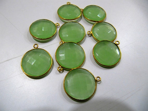 6 Pcs Set Green Chalcedony Round coin Shape 20mm Briolette Connectors Green Chalcedony Plated Single  Loop Bezel Jewelry Making  Connector