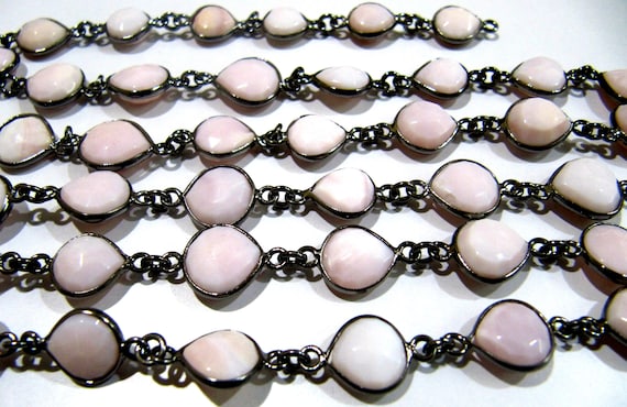 Natural Pink Opal Heart Shape Briolette Faceted Size 10mm to 11mm Bezel Connector Black Oxidised Plated Chain  High Quality Wholesale prices
