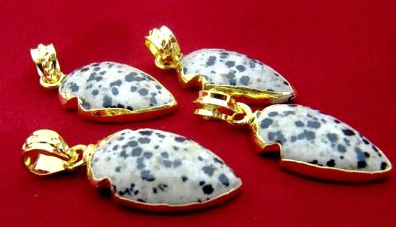 Natural Dalmatian Gemstone Charm arrow head- 24 Kt Gold Electroplated Edge Arrowhead Pendant-Gemstone Connectors 30 to 40mm sold per piece
