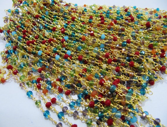 3- Feet  AAA Quality Multi color stone beads Rondelle Faceted  Size 3mm Beaded Rosary Chain Wholesale Prices Jewelry Making Gemstone chain
