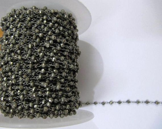Natural Pyrite Roundelle  Faceted  3-4mm Beaded Wire Wrapped Rosary Aati Chain Wholesale Price Jewelry making chain sold per foot