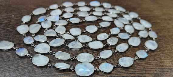 Natural White Rainbow Moonstone Uneven Shape Briolette Connector Chain 12 to 15mm Sold Per Foot Blue Flashy Gemstone Handmade Bezel Chain