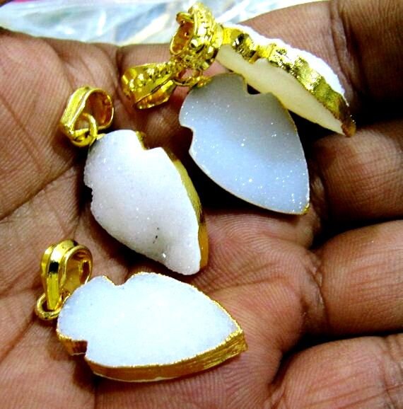 Natural White Druzy Gemstone Arrowhead Pendant Charm Gold Electroplated Edge Stunning drusy clover Arrowhead Pendant 30- 40mm sold per piece