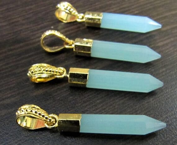 Aqua Chalcedony Pencil Shape Pointed Charms, 30 to 40mm Gold Electroplated Pendant, Faceted Fancy shape charm with Designer Loop per piece