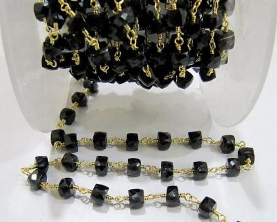 Natural Black Spinel  Cube Box Shape Faceted Beaded Size 6mm Black Cube shape Rosary Chain Wholesale Prices Sold Per Foot  chain
