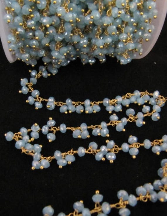 Mystic Aqua Chalcedony Faceted Dangling Cluster Chain 3mm Hydro Quartz Chain Cluster Chain Wire Wrap Plated Wholesale Prices per foot
