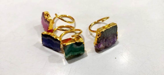 Mix Color Slice Agate Druzy Ring Free Size Gold Plated  Adjustable Multi Color Drusy Ring Jewelry for Girls and Women Wholesale Prices