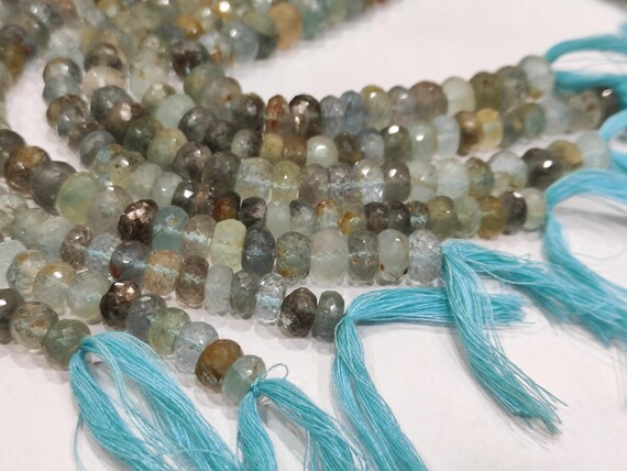 Natural Moss Aquamarine Rondelle Faceted Shaded 8-9mm Gemstone Beads Strand 8 inches long Top Quality Wholesale Prices Stone beads