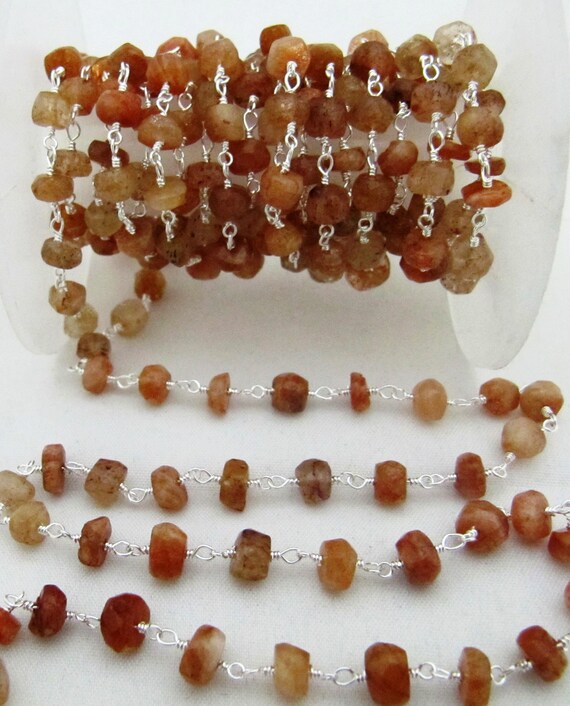 Natural Sunstone Rondelle 5-6mm Faceted wire wrapped Beaded Rosary Chain  Jewelry Making Gemstone Chain Wholesale Prices PER Foot