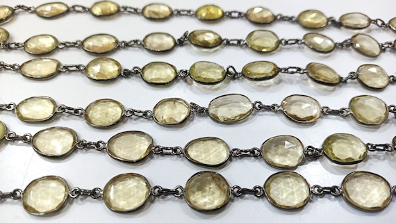 Natural Lemon Quartz Free Shape Briolette 10 to 15mm Bezel Connector Chain Sold Per Foot Black Plated  Great Quality Chain.