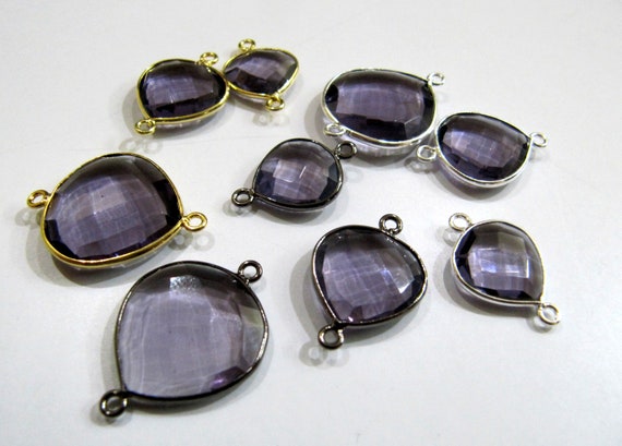 Amethyst Quartz Heart Shape  Briolette Double Loop Bezel Connectors Charms Choose The Size and Plating color  Wholesale price sold per piece