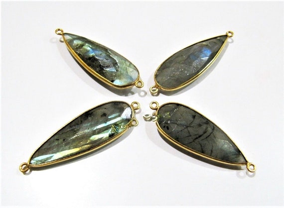 4 Pcs Set Natural Labradorite Long Pear Shape 10x28 to 12x30mm Briolette Connectors Gray Stone Double Loop Bezel Jewelry Making Connectors