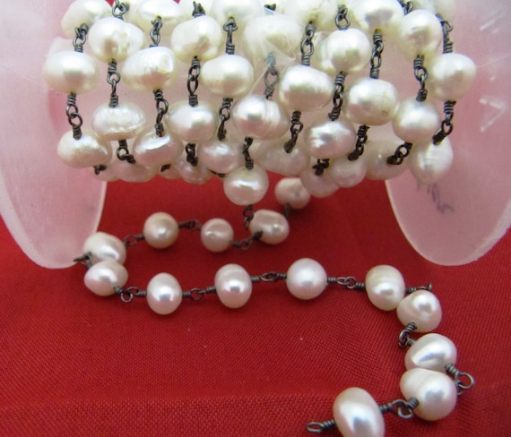Natural Pearl 6-7mm- Wire Wrapped Smooth Plain Beads Rosary Beaded Chain Gemstone Link Chain Wholesale Prices Sold per foot