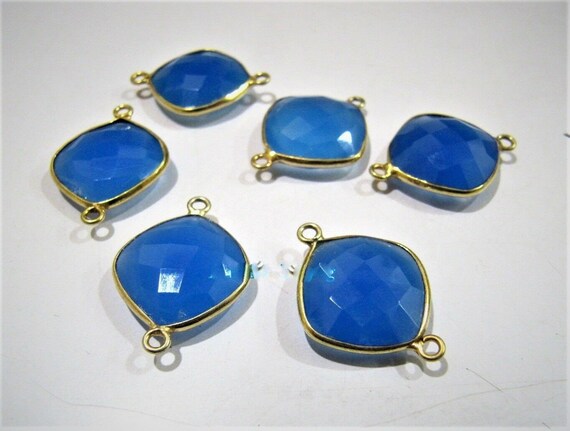 2 Pcs Set  Blue Chalcedony Cushion Shape Briolette Connector Stone Double Loop Bezel Size 15mmJewelry Making Bezel Connectors