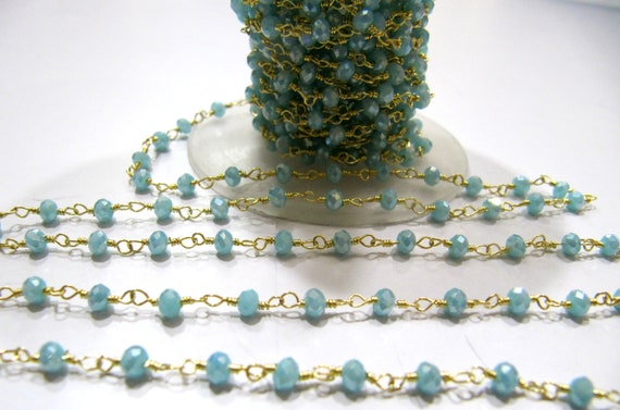 Mystic Aqua Chalcedony Rondelle Faceted 3-4mm Size Hydro Quartz Aati Chain Wire Wrapped Beads sold per foot Wholesale Prices