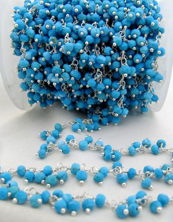 Natural Turquoise magnesite  Rondelle 3-4mm  Faceted Beaded Dangling  Cluster Chain Sold Per Foot High Quality Wholesale Prices