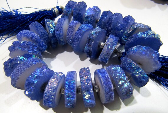 Dark Tanzanite Color Solar Quartz Slice Beads, Disc Sparkling 14 to 18mm Size Druzy Beads, Length 8 inch Long with approx. 25-30 Beads