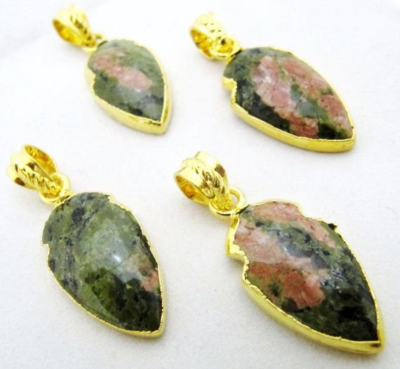 Beautiful Unakite Arrowhead Charm- 24 Kt Gold Electroplated Edge Arrowhead Pendant-Gemstone Connectors 30 to 40mm sold per piece