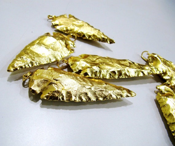 2 Pcs Set Natural Jasper Full Gold Electroplated Single Loop Arrowhead Connector Charms Pendant Size 3 Inches Long Fancy Pendant