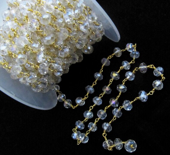 3 Feet- Crystal Quartz  Mystic Coated Beaded Rosary Chain Rondelle Faceted  6mm Clear Quartz Beads Chain Wholesale Prices